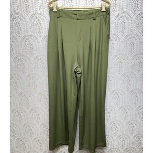 Halara Wide Leg Pants Women Large Green Pleated High Rise Elastic Waist New